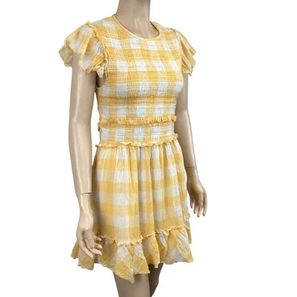 Saylor Saya Checkered Smocked Mini Dress size‎ Medium Yellow & White Lined - Picture 5 of 11